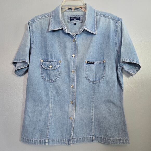 Regatta Women's Short Sleeve Full Button Front Light Blue Washed Denim Shirt - Picture 2 of 11